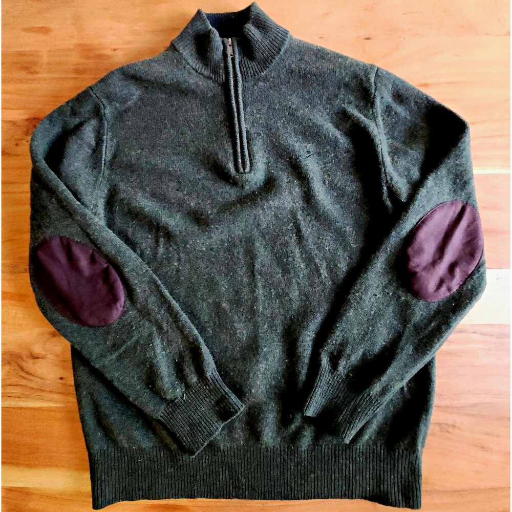 Hackett London Green Mens Medium Lambswool Half Zip Sweater Elbow Patches